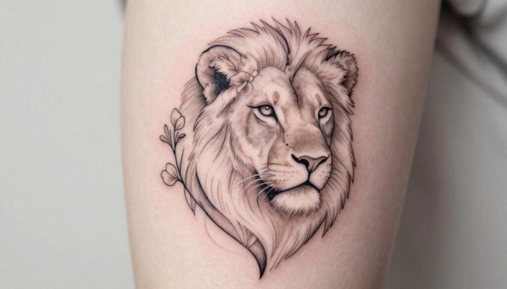 A beautiful and elegant female lion tattoo design, showcasing minimalist artistry. The lion should be depicted in a sleek and modern style, emphasizing its fierce yet graceful demeanor. The foreground features delicate line work that forms the outline of the lion's face, capturing intricate details in the eyes and mane. In the middle, subtle floral elements intertwine with the lion symbolizing strength and femininity, adding a soft touch to the overall design. The background is a muted pastel color, creating a serene atmosphere. Soft lighting highlights the tattoo's contours, while a gentle focus accentuates the harmony between power and elegance. The mood is both empowering and uplifting, reflecting the beauty of the lion as a symbol of strength. A beautiful and elegant female lion tattoo design, showcasing minimalist artistry. The lion should be depicted in a sleek and modern style, emphasizing its fierce yet graceful demeanor. The foreground features delicate line work that forms the outline of the lion's face, capturing intricate details in the eyes and mane. In the middle, subtle floral elements intertwine with the lion symbolizing strength and femininity, adding a soft touch to the overall design. The background is a muted pastel color, creating a serene atmosphere. Soft lighting highlights the tattoo's contours, while a gentle focus accentuates the harmony between power and elegance. The mood is both empowering and uplifting, reflecting the beauty of the lion as a symbol of strength.