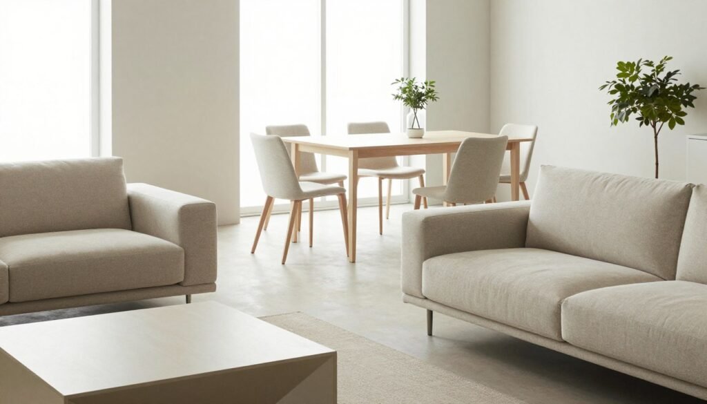 A beautifully arranged minimalist living space featuring essential characteristics of minimalist furniture. In the foreground, showcase a sleek, low-profile sofa with clean lines in a neutral color palette, accompanied by a geometric coffee table. The middle ground features a simple, elegant dining table with matching chairs that prioritize functionality, all set against a backdrop of light-colored walls and large windows allowing natural light to pour in. Subtle greenery from a potted plant adds a touch of warmth and life. The lighting is soft and natural, creating a serene atmosphere. The composition is captured from a slightly elevated angle, highlighting the spaciousness and uncluttered aesthetic typical of minimalist design. The overall mood is calm, inviting cleanliness and simplicity, embodying the essence of minimalist living.