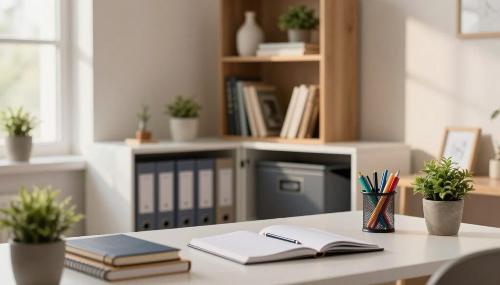 A beautifully organized home office scene, showcasing practical organization tips. In the foreground, a clean desk with neatly stacked notebooks, colorful pens in a holder, and a small potted plant. The middle layer features an open filing cabinet with labeled folders and an organized bookshelf filled with books and decorative items. In the background, a window diffuses natural light across the room, enhancing the warm atmosphere. Soft shadows play on the walls, giving depth to the space. The overall mood is inviting and inspiring, encouraging viewers to embrace organization. The composition is captured with a shallow depth of field, focusing on the desk while softly blurring the background for a cozy effect. A beautifully organized home office scene, showcasing practical organization tips. In the foreground, a clean desk with neatly stacked notebooks, colorful pens in a holder, and a small potted plant. The middle layer features an open filing cabinet with labeled folders and an organized bookshelf filled with books and decorative items. In the background, a window diffuses natural light across the room, enhancing the warm atmosphere. Soft shadows play on the walls, giving depth to the space. The overall mood is inviting and inspiring, encouraging viewers to embrace organization. The composition is captured with a shallow depth of field, focusing on the desk while softly blurring the background for a cozy effect.