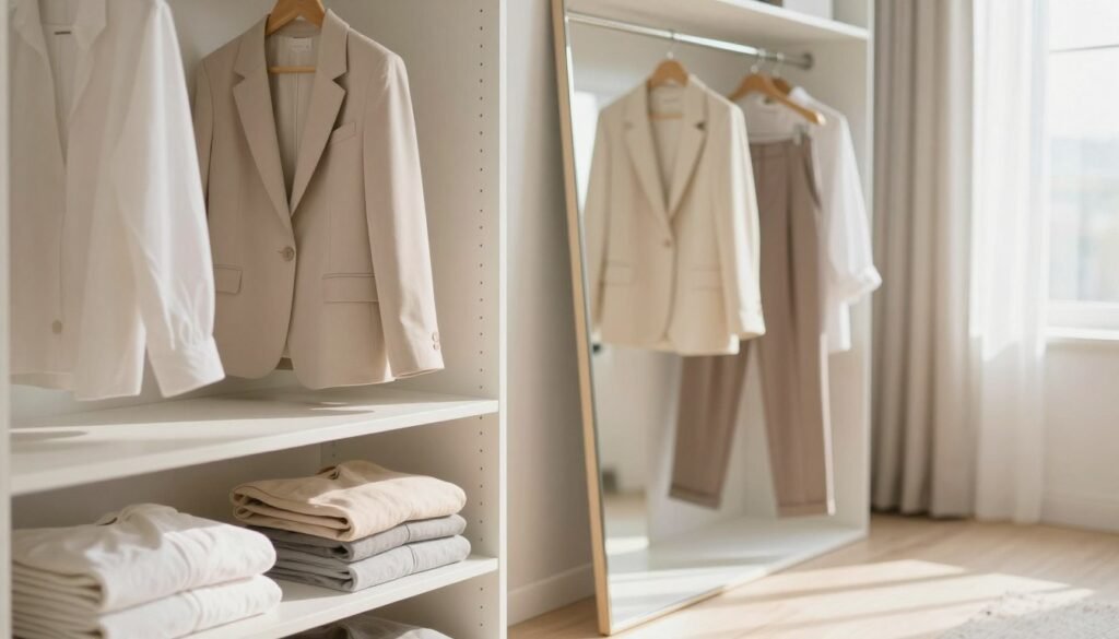 A beautifully organized minimalist wardrobe in a bright, airy bedroom. In the foreground, neatly folded clothes in soft, neutral tones—whites, creams, and gentle pastels—are arranged on open shelves. A stylish wooden hanger displays a perfectly pressed blazer and a pair of tailored trousers. In the middle ground, a full-length mirror reflects the entire scene, adding depth and dimension. The background features a soft, sunlight-drenched window with sheer curtains, casting gentle shadows across the floor, enhancing the serene atmosphere. The overall mood is calm and inviting, promoting a sense of clarity and intentionality. Captured with a shallow depth of field, the image draws the eye toward the organized elements, inspiring viewers to embrace minimalism. A beautifully organized minimalist wardrobe in a bright, airy bedroom. In the foreground, neatly folded clothes in soft, neutral tones—whites, creams, and gentle pastels—are arranged on open shelves. A stylish wooden hanger displays a perfectly pressed blazer and a pair of tailored trousers. In the middle ground, a full-length mirror reflects the entire scene, adding depth and dimension. The background features a soft, sunlight-drenched window with sheer curtains, casting gentle shadows across the floor, enhancing the serene atmosphere. The overall mood is calm and inviting, promoting a sense of clarity and intentionality. Captured with a shallow depth of field, the image draws the eye toward the organized elements, inspiring viewers to embrace minimalism.