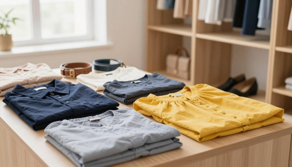 A bright, well-organized minimalist wardrobe filled with neatly arranged clothing, showcasing various garments sorted by color. In the foreground, vibrant shirts, dresses, and pants are displayed in orderly rows, featuring a blend of colors from deep navy to sunny yellow. The middle area includes stylish accessories such as belts and shoes arranged harmoniously, complementing the clothing. In the background, a softly lit room with natural light filtering through a window highlights a serene atmosphere, suggesting peace and simplicity. The wardrobe itself is crafted from light wood, conveying warmth and minimalism. The overall composition reflects an inspiring and tidy space, inviting viewers to explore the benefits of color-coded organization in wardrobe styling. The mood is calm and inviting, encouraging a sense of orderliness and clarity.