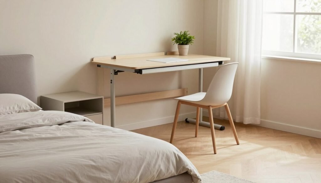 A clean and minimalist bedroom interior featuring multifunctional furniture. The foreground showcases a sleek, modern bed with integrated storage drawers, accompanied by a compact nightstand. In the middle, a stylish, foldable desk with a minimalist chair offers a workspace, accented by a small, potted plant for a touch of nature. The background highlights soft, neutral-colored walls and a large window allowing natural light to illuminate the space, creating a warm and inviting atmosphere. Use soft, diffused lighting to enhance the serene mood. The angle should capture the room from a slight elevation, providing a comprehensive view of the organization and functionality of the furniture arrangement, emphasizing a harmonious balance between comfort and simplicity.