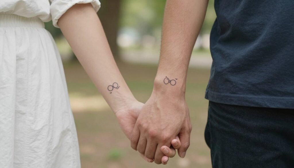 A close-up image of a couple gently holding hands, showcasing their minimalist couple tattoos on their wrists. The focus is on the intricate designs of the tattoos, which feature simple symbols representing love and connection, such as interlocking circles or tiny hearts. They are dressed in modest casual clothing, with a warm, natural lighting setting that creates a soft and inviting atmosphere. The background features a blurred park scene, enhancing the intimate moment between the couple. The angle captures the tattoos prominently while also revealing their expressions of contentment and affection. Overall, the image radiates a sense of care and thoughtfulness, reflective of the planning and attention that goes into couple tattoos. A close-up image of a couple gently holding hands, showcasing their minimalist couple tattoos on their wrists. The focus is on the intricate designs of the tattoos, which feature simple symbols representing love and connection, such as interlocking circles or tiny hearts. They are dressed in modest casual clothing, with a warm, natural lighting setting that creates a soft and inviting atmosphere. The background features a blurred park scene, enhancing the intimate moment between the couple. The angle captures the tattoos prominently while also revealing their expressions of contentment and affection. Overall, the image radiates a sense of care and thoughtfulness, reflective of the planning and attention that goes into couple tattoos.
