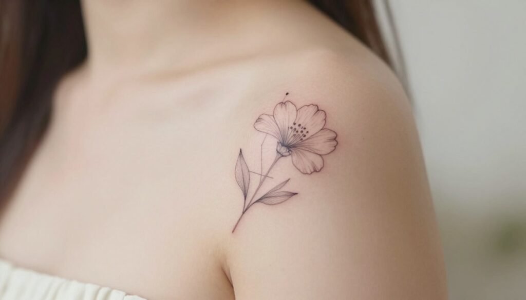 A close-up of a minimalist floral tattoo elegantly positioned on a shoulder. The tattoo features a delicate line drawing of a single blooming flower, with subtle geometric elements intertwined. The skin tone is natural and smooth, showcasing the tattoo’s intricate details against the shoulder's soft curves. Bright, soft lighting highlights the tattoo's artistry and enhances the warmth of the skin. The background is softly blurred with gentle, neutral tones, creating a serene and sophisticated atmosphere. The angle is slightly from above, emphasizing the tattoo's placement while providing a sense of intimacy and allure. The overall mood is one of versatility and elegance, capturing the beauty of minimalist design in body art. A close-up of a minimalist floral tattoo elegantly positioned on a shoulder. The tattoo features a delicate line drawing of a single blooming flower, with subtle geometric elements intertwined. The skin tone is natural and smooth, showcasing the tattoo’s intricate details against the shoulder's soft curves. Bright, soft lighting highlights the tattoo's artistry and enhances the warmth of the skin. The background is softly blurred with gentle, neutral tones, creating a serene and sophisticated atmosphere. The angle is slightly from above, emphasizing the tattoo's placement while providing a sense of intimacy and allure. The overall mood is one of versatility and elegance, capturing the beauty of minimalist design in body art.
