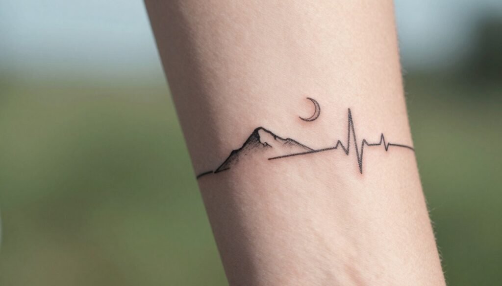 A close-up of a minimalist tattoo design featuring symbolic elements such as a small mountain, a crescent moon, and a delicate line representing a heartbeat, all inked in fine black lines. The tattoo is situated on a forearm, partially visible in the frame, accentuating the skin tone and the elegance of the design. Soft, natural lighting enhances the simplicity and clarity of the tattoo, casting gentle shadows that highlight its intricate details. In the background, a blurred, serene nature scene with soft greens and blues suggests peace and introspection, creating a tranquil atmosphere. The overall mood is calm and reflective, inviting viewers to explore the deeper meanings and trends of minimalist tattoos.