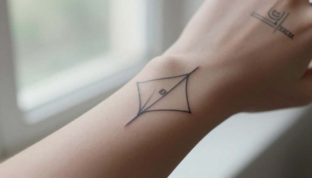 A close-up of a wrist tattoo, featuring a minimalist design such as a delicate line art or geometric shape. The tattoo should be elegantly inked on a fair-skinned wrist, adorned with subtle accessories like a thin bracelet or watch. Surrounding the wrist, hint at cultural influences by incorporating faint patterns or symbols inspired by global tattoo trends. The background should be softly blurred, presenting a serene setting, perhaps indoors with natural light filtering through a window. The atmosphere is calm and artistic, conveying both modern minimalism and a sense of global connection in tattoo art. The angle should focus on the wrist, showcasing the tattoo clearly, while keeping everything professional and tasteful. A close-up of a wrist tattoo, featuring a minimalist design such as a delicate line art or geometric shape. The tattoo should be elegantly inked on a fair-skinned wrist, adorned with subtle accessories like a thin bracelet or watch. Surrounding the wrist, hint at cultural influences by incorporating faint patterns or symbols inspired by global tattoo trends. The background should be softly blurred, presenting a serene setting, perhaps indoors with natural light filtering through a window. The atmosphere is calm and artistic, conveying both modern minimalism and a sense of global connection in tattoo art. The angle should focus on the wrist, showcasing the tattoo clearly, while keeping everything professional and tasteful.