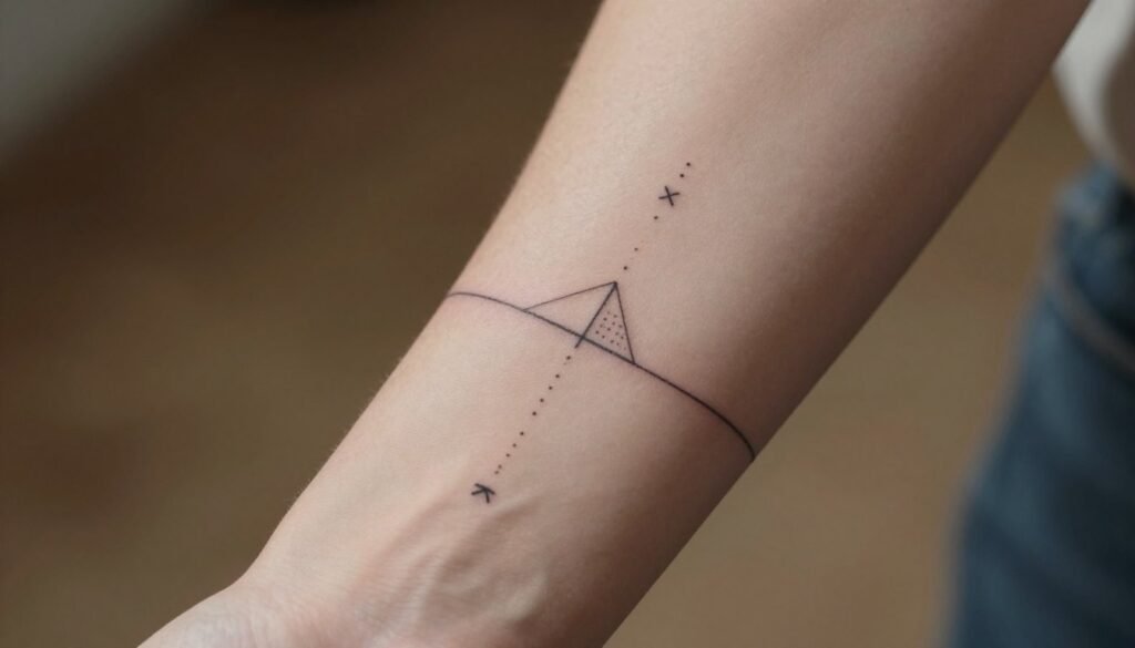 A close-up view of a forearm displaying several minimalist tattoos, featuring simple geometric shapes, delicate lines, and small symbols, showcasing a variety of designs that blend harmoniously. The skin tone is a warm, natural shade, emphasizing the ink's subtle contrast. Soft, natural lighting illuminates the tattoos, highlighting their fine details while creating a clean and serene atmosphere. The background is softly blurred with earthy tones, enhancing the focus on the tattoos. The composition captures an artistic angle, slightly above the arm, ensuring clarity in design without distractions. The mood is calm and thoughtful, evoking inspiration for minimalist tattoo ideas and personal expressions.