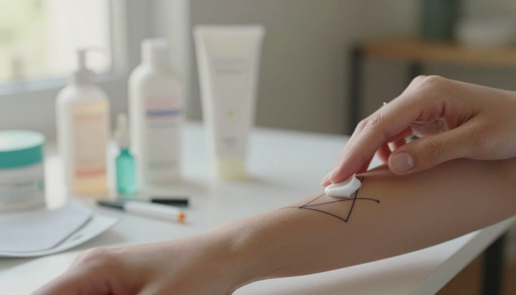 A close-up view of a forearm featuring a minimalist tattoo design, showcasing simple geometric shapes and fine lines. In the foreground, include elements like a gentle hand applying moisturizer or cream, emphasizing care and maintenance for the tattoo. The middle ground should display a variety of tattoo aftercare products, neatly arranged, reflecting a clean and organized setup. The background can softly feature a calming environment, with natural light filtering through a window, casting a warm glow. The overall mood should convey tranquility and simplicity, illustrating the importance of practical care for minimalist tattoos. The image should be clear and aesthetically pleasing, with a focus on cleanliness and professionalism.