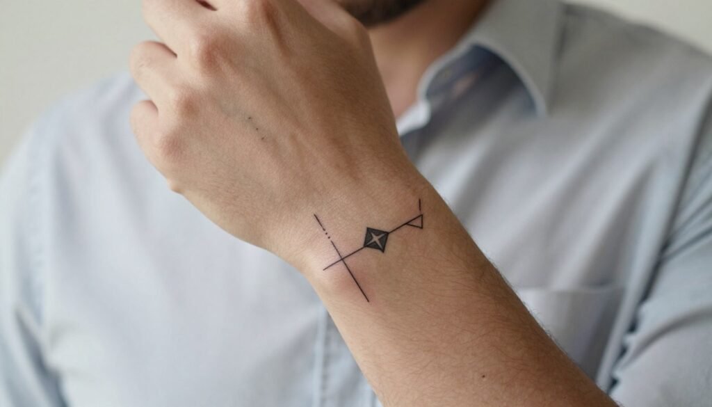 A close-up view of a man's wrist adorned with minimalist tattoos, showcasing simple geometric shapes, lines, and symbols. The tattoos are intricately designed yet subtle, blending seamlessly with his skin tone. The scene is well-lit with soft natural light, creating delicate shadows that enhance the fine details of the tattoos. The wrist is positioned at an angle that emphasizes the tattoos, with the background lightly blurred to keep the focus on the intricate ink. The mood is calm and reflective, evoking a sense of personal expression and understated elegance. The man is dressed in a smart casual shirt, ensuring a clean and professional appearance. No distractions are present, allowing the viewer to appreciate the artistry of minimalist wrist tattoos. A close-up view of a man's wrist adorned with minimalist tattoos, showcasing simple geometric shapes, lines, and symbols. The tattoos are intricately designed yet subtle, blending seamlessly with his skin tone. The scene is well-lit with soft natural light, creating delicate shadows that enhance the fine details of the tattoos. The wrist is positioned at an angle that emphasizes the tattoos, with the background lightly blurred to keep the focus on the intricate ink. The mood is calm and reflective, evoking a sense of personal expression and understated elegance. The man is dressed in a smart casual shirt, ensuring a clean and professional appearance. No distractions are present, allowing the viewer to appreciate the artistry of minimalist wrist tattoos.