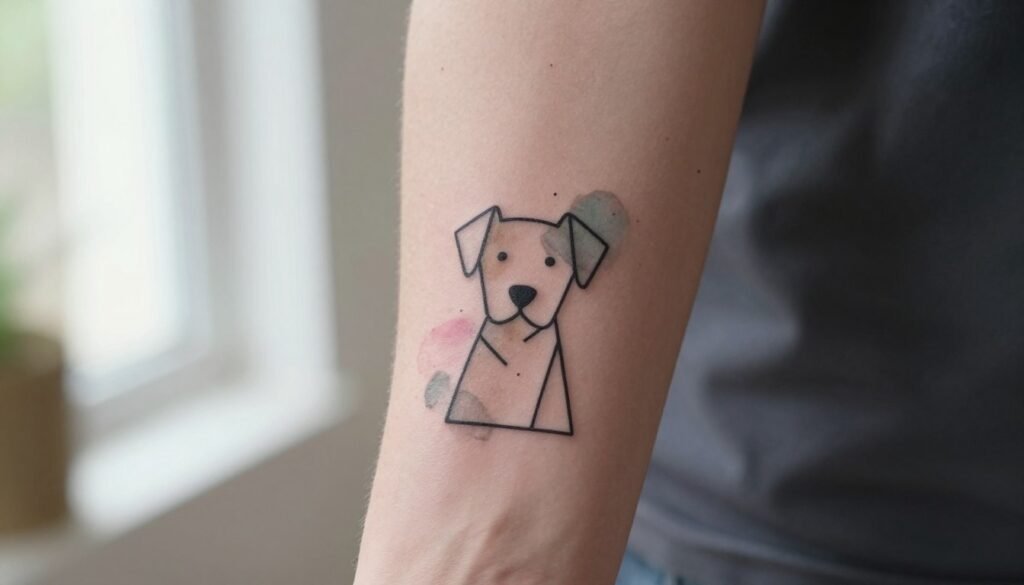 A close-up view of a minimalist dog tattoo on a person’s forearm, showcasing clean lines and simple geometric shapes that reflect the bond between pets and their owners. The tattoo is detailed yet subtle, incorporating modern elements like watercolor splashes in soft pastels, symbolizing love and companionship. The background features a softly blurred home setting with natural light streaming through a window, creating a warm and inviting atmosphere. The subject's skin tone is diverse, devoid of any visible text or distractions. Use a shallow depth of field to emphasize the tattoo. Capture an uplifting, artistic mood, highlighting the future trends in pet tattoos.
