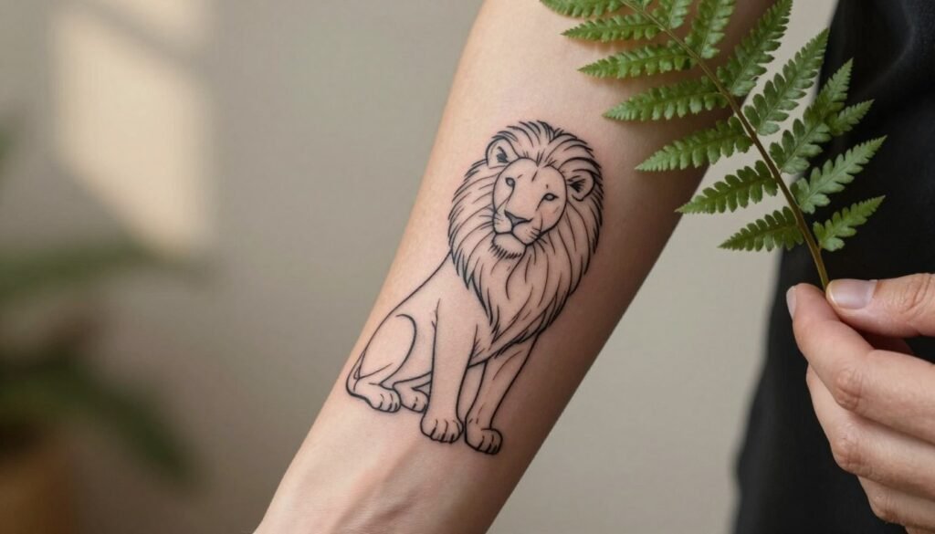 A close-up view of a minimalist lion tattoo, intricately designed with clean, bold black lines depicting strength and elegance. The tattoo is placed on a forearm, partially showing a well-groomed hand holding a small fern, highlighting a connection to nature. The background features a softly blurred, neutral-toned room, creating a serene atmosphere. Warm, natural light filters in, casting gentle shadows that enhance the tattoo's details. The angle is slightly tilted to showcase the tattoo's artful curves and contours while maintaining a focus on the overall minimalist aesthetic. The mood is thoughtful and inspiring, emphasizing the beauty of simplicity and innovation in tattoo art. A close-up view of a minimalist lion tattoo, intricately designed with clean, bold black lines depicting strength and elegance. The tattoo is placed on a forearm, partially showing a well-groomed hand holding a small fern, highlighting a connection to nature. The background features a softly blurred, neutral-toned room, creating a serene atmosphere. Warm, natural light filters in, casting gentle shadows that enhance the tattoo's details. The angle is slightly tilted to showcase the tattoo's artful curves and contours while maintaining a focus on the overall minimalist aesthetic. The mood is thoughtful and inspiring, emphasizing the beauty of simplicity and innovation in tattoo art.