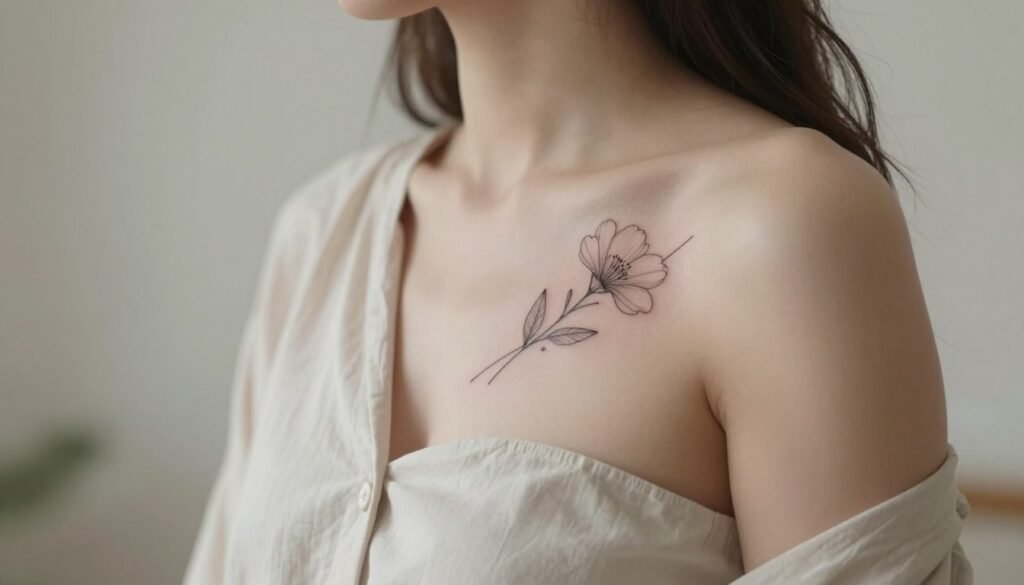 A close-up view of a minimalist tattoo of a delicate flower design on a ribcage, emphasizing the beauty of subtlety and elegance. The tattoo features fine lines and geometric shapes, portraying simplicity and grace. The model, dressed in a modest light-colored blouse, stands against a soft blurred background of pastel hues, creating a serene atmosphere. Soft natural lighting highlights the tattoo's details and casts gentle shadows, enhancing the sense of depth. The angle captures the side profile of the model, drawing attention to the artistry of the tattoo while maintaining a tasteful and professional appearance, evoking themes of discretion and sensuality in body art. A close-up view of a minimalist tattoo of a delicate flower design on a ribcage, emphasizing the beauty of subtlety and elegance. The tattoo features fine lines and geometric shapes, portraying simplicity and grace. The model, dressed in a modest light-colored blouse, stands against a soft blurred background of pastel hues, creating a serene atmosphere. Soft natural lighting highlights the tattoo's details and casts gentle shadows, enhancing the sense of depth. The angle captures the side profile of the model, drawing attention to the artistry of the tattoo while maintaining a tasteful and professional appearance, evoking themes of discretion and sensuality in body art.