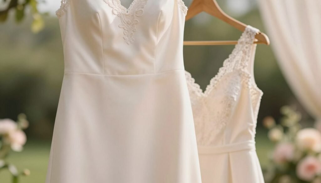 A close-up view of a minimalist wedding dress, showcasing subtle elegant details such as delicate lace trims, intricate embroidery, and soft, flowing fabric. The dress features a simple yet refined silhouette, exuding sophistication and grace. In the foreground, focus on the texture of the fabric, capturing the soft shimmer of silk under natural light. The middle layer includes the outline of the dress hanging gracefully on a vintage wooden hanger, embodying a timeless quality. The background is softly blurred, suggesting a romantic garden setting with greenery and soft pastel colors. The atmosphere is serene and dreamy, illuminated by warm, diffused sunlight, enhancing the dress's understated charm. No people are present, allowing the dress to be the focal point of the composition.