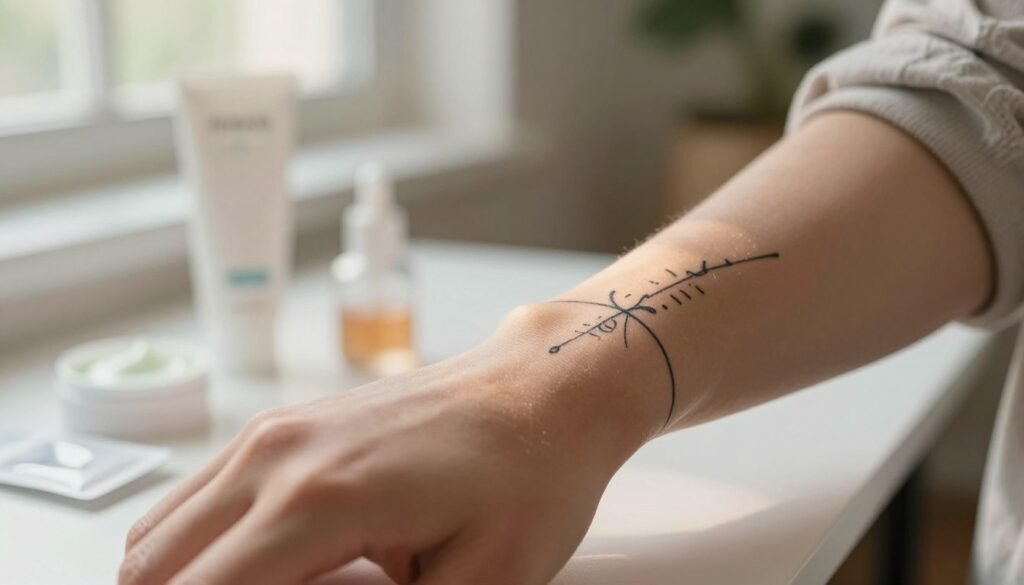 A close-up view of a minimalist wrist tattoo freshly inked on a person's wrist, demonstrating the tattoo's intricate design of delicate lines and symbols. In the foreground, the focus is on the tattoo, showcasing its vibrant colors and details against the natural skin tone. The middle ground includes a gentle, soft background blur of a cozy, well-lit room, emphasizing a clean and calm atmosphere. Natural light filters through a nearby window, casting a warm glow on the wrist, highlighting the care regimen items, such as moisturizer and tattoo aftercare products, subtly placed in the scene. The mood conveys a sense of tranquility and attentiveness, reflecting the importance of tattoo care. The subject is wearing modest casual clothing, ensuring a professional appearance. A close-up view of a minimalist wrist tattoo freshly inked on a person's wrist, demonstrating the tattoo's intricate design of delicate lines and symbols. In the foreground, the focus is on the tattoo, showcasing its vibrant colors and details against the natural skin tone. The middle ground includes a gentle, soft background blur of a cozy, well-lit room, emphasizing a clean and calm atmosphere. Natural light filters through a nearby window, casting a warm glow on the wrist, highlighting the care regimen items, such as moisturizer and tattoo aftercare products, subtly placed in the scene. The mood conveys a sense of tranquility and attentiveness, reflecting the importance of tattoo care. The subject is wearing modest casual clothing, ensuring a professional appearance.