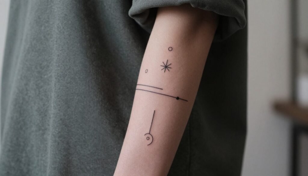 A close-up view of a model's arm featuring a collection of minimalist tattoos, showcasing various designs and placements on the skin. The tattoos are simple, geometric shapes, lines, and symbols, emphasizing the beauty of minimalism. The model is dressed in casual yet professional attire, with the focus on the arm’s intricate details. Soft, natural lighting illuminates the tattoos, creating gentle shadows that accentuate their elegance. The background is softly blurred to keep the attention on the arm and tattoos, emanating a serene and artistic atmosphere. The angle is slightly tilted to provide a dynamic perspective, enhancing the visual appeal of the body art. A close-up view of a model's arm featuring a collection of minimalist tattoos, showcasing various designs and placements on the skin. The tattoos are simple, geometric shapes, lines, and symbols, emphasizing the beauty of minimalism. The model is dressed in casual yet professional attire, with the focus on the arm’s intricate details. Soft, natural lighting illuminates the tattoos, creating gentle shadows that accentuate their elegance. The background is softly blurred to keep the attention on the arm and tattoos, emanating a serene and artistic atmosphere. The angle is slightly tilted to provide a dynamic perspective, enhancing the visual appeal of the body art.
