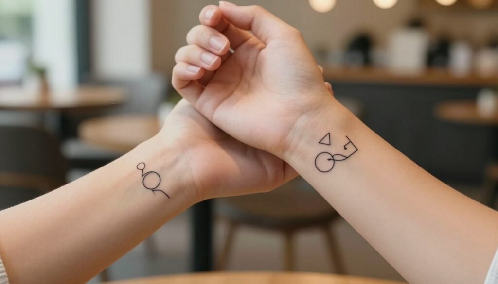 A close-up view of two minimalist couple tattoos, elegantly inked on the inner wrists. The designs are simple yet meaningful, showcasing symbols of connection like interlocking circles and geometric shapes, reflecting love and unity. In the background, there’s a soft-focus café setting with warm, natural lighting, enhancing a cozy, intimate atmosphere. A pair of hands can be seen gently touching, emphasizing the bond between the couple. The image is captured with a shallow depth of field, ensuring the tattoos are the focal point. The mood is serene and romantic, inviting viewers to explore the beauty and significance of minimalist tattoo choices for couples. A close-up view of two minimalist couple tattoos, elegantly inked on the inner wrists. The designs are simple yet meaningful, showcasing symbols of connection like interlocking circles and geometric shapes, reflecting love and unity. In the background, there’s a soft-focus café setting with warm, natural lighting, enhancing a cozy, intimate atmosphere. A pair of hands can be seen gently touching, emphasizing the bond between the couple. The image is captured with a shallow depth of field, ensuring the tattoos are the focal point. The mood is serene and romantic, inviting viewers to explore the beauty and significance of minimalist tattoo choices for couples.