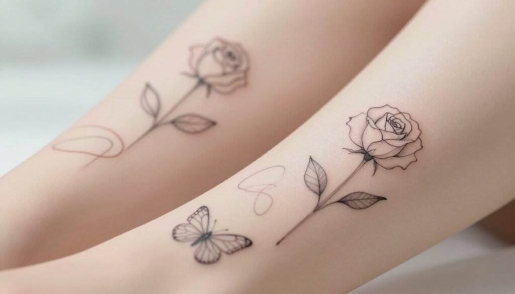 A collection of elegant, minimalistic feminine tattoos inspired by classic drawings, featuring soft lines and subtle curves. The foreground showcases delicate designs such as a single line rose, a tiny geometric butterfly, and abstract shapes, all rendered in fine black ink. In the middle ground, these tattoos are displayed on a smooth, pale skin, with gentle shadows enhancing the simplicity of the art. The background is softly blurred, featuring pastel tones to complement the tattoos without distraction. The lighting is soft and diffused, creating a calm and serene atmosphere. The focus is on the tattoos, emphasizing their timeless and delicate nature, perfect for a feminine aesthetic. The angle captures the tattoos from a slight overhead view, highlighting their artistry without any text or distractions. A collection of elegant, minimalistic feminine tattoos inspired by classic drawings, featuring soft lines and subtle curves. The foreground showcases delicate designs such as a single line rose, a tiny geometric butterfly, and abstract shapes, all rendered in fine black ink. In the middle ground, these tattoos are displayed on a smooth, pale skin, with gentle shadows enhancing the simplicity of the art. The background is softly blurred, featuring pastel tones to complement the tattoos without distraction. The lighting is soft and diffused, creating a calm and serene atmosphere. The focus is on the tattoos, emphasizing their timeless and delicate nature, perfect for a feminine aesthetic. The angle captures the tattoos from a slight overhead view, highlighting their artistry without any text or distractions.
