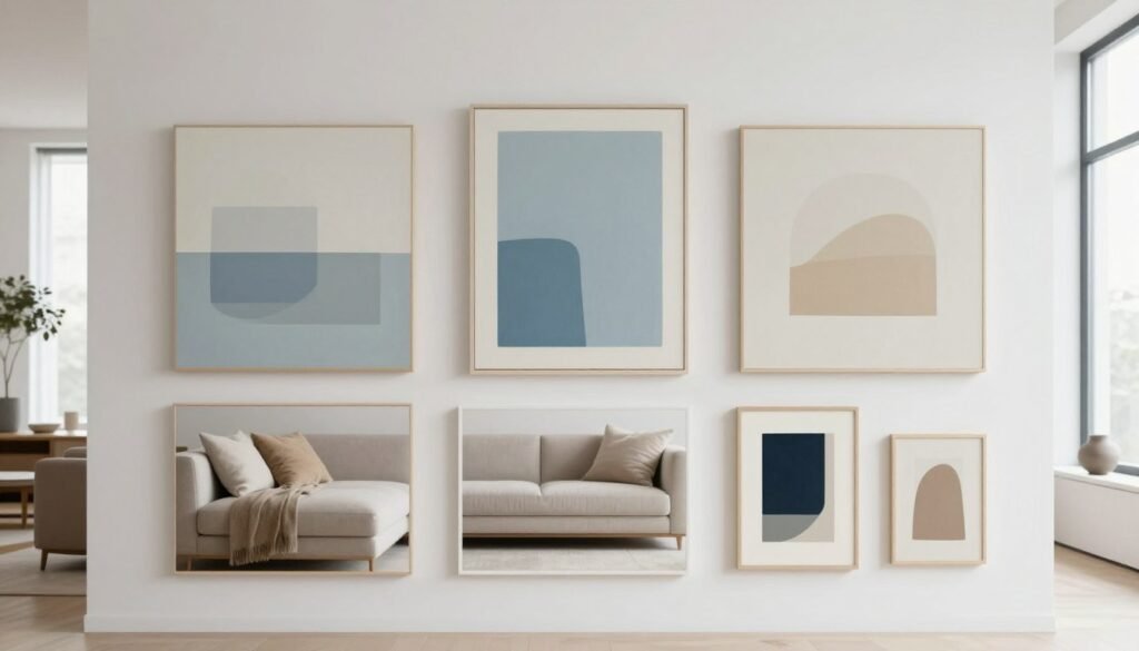 A collection of minimalist art pieces displayed in a bright, contemporary living room. In the foreground, a sleek, white gallery wall showcases various minimalist paintings with geometric shapes and soft color palettes, such as pale blues and muted earth tones. The middle layer features a stylish, modern sofa in neutral shades, adorned with a few textured cushions to add warmth. The background includes large windows allowing natural daylight to stream in, creating a serene atmosphere. The lighting is soft and diffused, enhancing the clean lines of the artwork. The overall mood is calm and sophisticated, perfect for inspiring a sense of tranquility in home decor.