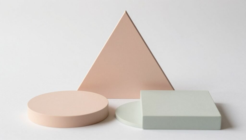 A collection of simple, minimalist geometric shapes arranged in an appealing composition. In the foreground, a series of overlapping circles and rectangles in soft pastel colors, creating a sense of harmony. The middle layer features a large, bold triangle contrasting with the softer shapes, its edges crisp and defined. The background is a clean, white surface that enhances the minimalistic aesthetic. Soft, natural lighting illuminates the shapes, casting gentle shadows that add depth. The perspective is slightly above eye level, focusing on the arrangement's balance and symmetry. The overall mood is calm and contemplative, embodying the essence of minimalist art through the simplicity of form and color.