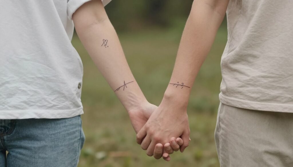A couple gently holding hands, showcasing their minimalistic tattoos on their forearms and wrists. The tattoos are simple yet meaningful designs, such as intertwined lines and small symbols, reflecting their connection. Soft, natural lighting creates a warm and intimate atmosphere, with a blurred, nature-inspired backdrop featuring subtle greenery. The couple, dressed in modest casual clothing, stands together in a relaxed posture, conveying love and unity. The focus is on their tattoos, hinting at personal stories without being explicit. Shot from a slightly elevated angle to capture the details of the tattoos clearly while maintaining the tenderness of the moment. A couple gently holding hands, showcasing their minimalistic tattoos on their forearms and wrists. The tattoos are simple yet meaningful designs, such as intertwined lines and small symbols, reflecting their connection. Soft, natural lighting creates a warm and intimate atmosphere, with a blurred, nature-inspired backdrop featuring subtle greenery. The couple, dressed in modest casual clothing, stands together in a relaxed posture, conveying love and unity. The focus is on their tattoos, hinting at personal stories without being explicit. Shot from a slightly elevated angle to capture the details of the tattoos clearly while maintaining the tenderness of the moment.