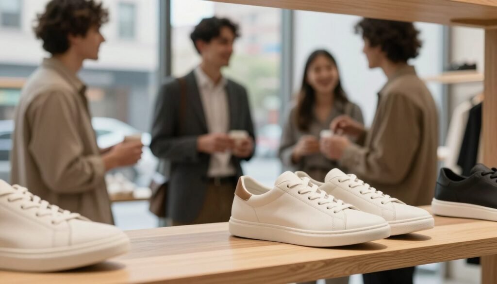 A cozy and inviting scene showcasing a minimalistic sneaker collection in a stylish urban setting. In the foreground, a pair of sleek, modern minimalistic sneakers, featuring clean lines and a neutral color palette, are placed on a wooden shelf. In the middle, blurred silhouettes of people dressed in professional casual attire are engaged in conversation, sharing their positive impressions of the sneakers. The background reveals a soft-focus cityscape, with natural light streaming through large windows, creating a warm and welcoming atmosphere. The image conveys a sense of comfort and style, highlighting the everyday wearability of minimalistic shoes. Emphasize the textures of the sneakers and the warm tones to evoke a sense of satisfaction and happiness among users.