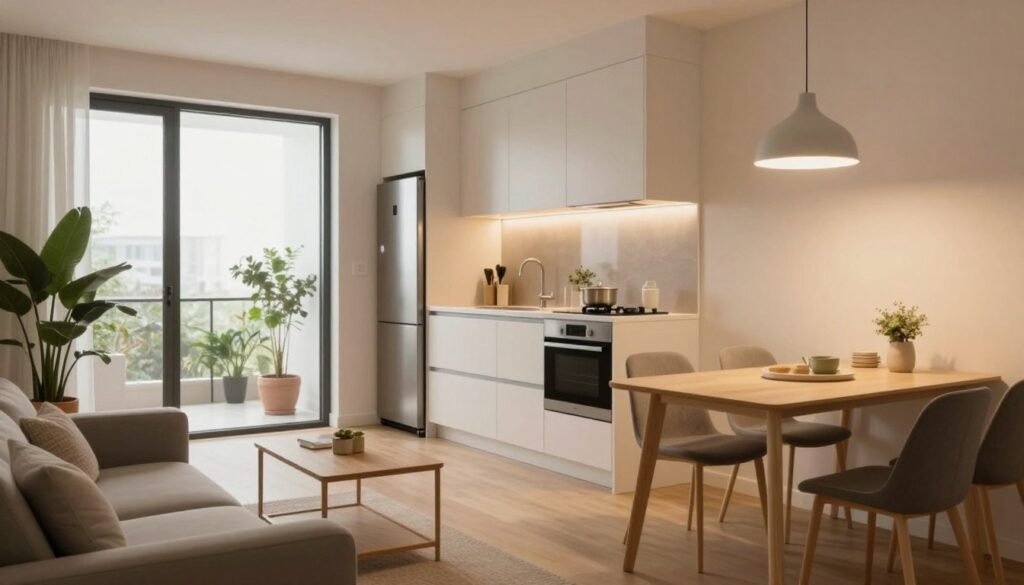A cozy and modern compact apartment showcasing the advantages of minimalist living. In the foreground, stylish furniture such as a sleek sofa and a smart dining table, cleverly arranged to maximize space. In the middle ground, a compact kitchen with efficient storage and chic appliances, highlighting the functional design. The background features large windows that invite natural light, illuminating the warm, inviting atmosphere. Soft, ambient lighting creates a serene mood, complemented by indoor plants that add a touch of nature. Use a wide-angle lens perspective to capture the full layout and functionality of the space, emphasizing a sense of openness and comfort in a small area.
