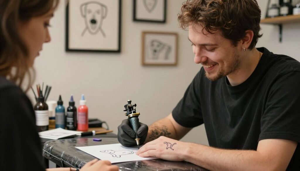 A cozy tattoo studio filled with soft, warm lighting. In the foreground, a professional tattoo artist, dressed in neat casual attire, is attentively discussing designs with a potential client. The artist has an inviting smile and is showing a sketch of a minimalist dog tattoo. In the middle, a beautifully designed tattoo machine and ink bottles reflect creative passion, while in the background, various framed artworks of minimalist tattoos adorn the walls, showcasing their expertise. The scene conveys a calm and welcoming atmosphere, inviting viewers to appreciate the art of choosing the perfect tattoo artist, emphasizing professionalism and the personal connection in this artistic process. The depth of field is shallow to focus on the interaction, creating a sense of intimacy.