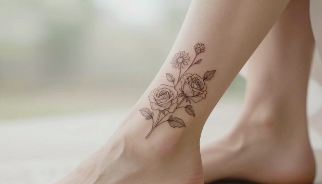 A detailed composition focused on minimalist floral tattoos placed on ideal body locations. In the foreground, showcase delicate line-drawing roses and daisies tattooed on a forearm, wrist, and ankle. The middle layer features soft, natural skin tones to highlight the tattoos' subtlety and elegance. In the background, a blurred, airy setting with gentle bokeh captures a serene outdoor atmosphere, emphasizing beauty and tranquility. Use soft, diffused lighting to create an inviting mood, with a focus on the tattoos' intricate details and symbolic meaning. The angle is slightly overhead, providing a comprehensive view while ensuring the tattoos are the main focal point. Aim for a peaceful and inspiring ambiance that reflects the essence of minimalist floral design. A detailed composition focused on minimalist floral tattoos placed on ideal body locations. In the foreground, showcase delicate line-drawing roses and daisies tattooed on a forearm, wrist, and ankle. The middle layer features soft, natural skin tones to highlight the tattoos' subtlety and elegance. In the background, a blurred, airy setting with gentle bokeh captures a serene outdoor atmosphere, emphasizing beauty and tranquility. Use soft, diffused lighting to create an inviting mood, with a focus on the tattoos' intricate details and symbolic meaning. The angle is slightly overhead, providing a comprehensive view while ensuring the tattoos are the main focal point. Aim for a peaceful and inspiring ambiance that reflects the essence of minimalist floral design.