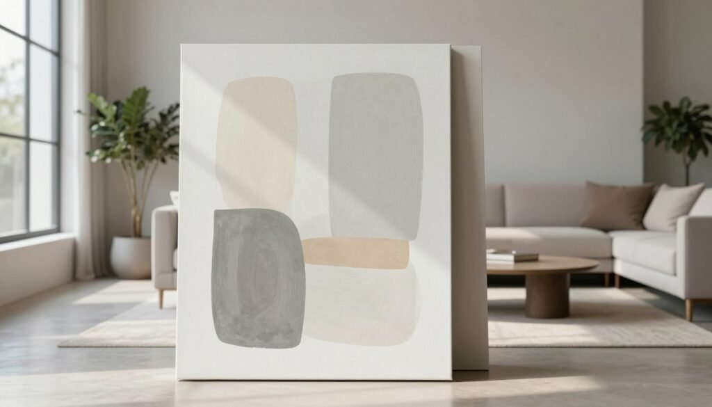 A minimalist artwork serving as a focal point in a modern living space. In the foreground, a large, abstract canvas featuring soft, muted colors such as pale gray, beige, and white, with simple geometric shapes that evoke tranquility. In the middle ground, a stylish Scandinavian-style living room furnished with a sleek, neutral-toned sofa and a small, round coffee table. Natural light filters in through large windows, casting gentle shadows and highlighting the artwork. In the background, a potted plant adds a touch of greenery, while a subtle texture on the wall emphasizes the minimalist aesthetic. The atmosphere is calm and sophisticated, inviting viewers to appreciate the simplicity and elegance of minimalism in home decor.