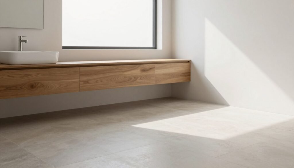 A minimalist bathroom showcasing a curated color palette and material selection. In the foreground, elegant tiles in soft beige and muted gray hues reflect natural light, enhancing the serene atmosphere. The middle ground features sleek fixtures in brushed nickel and white accents, paired with a floating wooden vanity that adds warmth. The background presents a large window allowing gentle sunlight to flood the space, illuminating the subtle textures of the walls and floors, which are finished in a matte white. The overall mood is tranquil and modern, emphasizing simplicity and functionality in the design. Capture this scene from a slightly elevated angle to showcase the harmonious balance of color and material, ensuring the composition is clean and uncluttered.