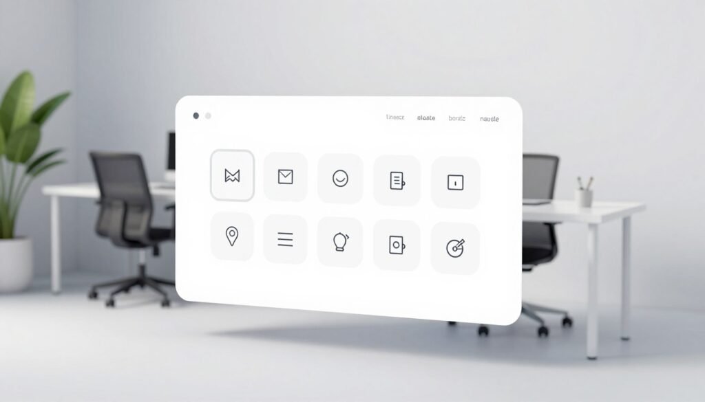 A minimalist digital interface design showcasing an elegant user experience (UX) layout. The foreground features a sleek, white rectangular screen displaying simplified icons and clean typography, surrounded by soft shadows that create a subtle depth. In the middle ground, a stylized workspace with a modern desk and ergonomic chair suggests a productive atmosphere, complemented by indoor plants that add a touch of green. The background is a soft gradient of light gray and white, evoking a calm and focused mood. The lighting is bright yet diffused, creating an inviting ambiance. Capture this scene from a slightly elevated angle to include both the interface on the screen and the minimalist workspace, conveying the essence of contemporary digital design without text or overlay elements.