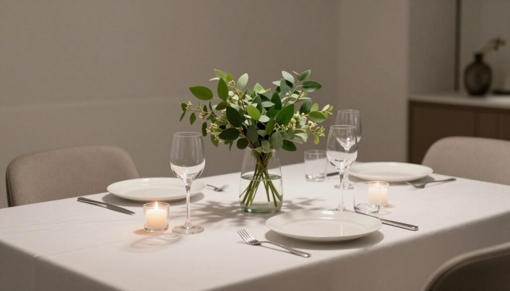 A minimalist dining table set for an elegant meal, featuring a simple white tablecloth and a centerpiece of fresh green foliage in a sleek glass vase. The tableware includes plain white plates, modern cutlery, and understated crystal glassware. Soft, ambient lighting highlights the scene, creating a warm and inviting atmosphere. In the foreground, delicate candle holders cast gentle shadows, while the background reveals a softly blurred, minimalist interior space with neutral-toned walls. The camera angle is slightly elevated, capturing the sophistication of the arrangement. Emphasize a serene and sophisticated mood, showcasing a refined yet approachable minimalist decor style suitable for dining.