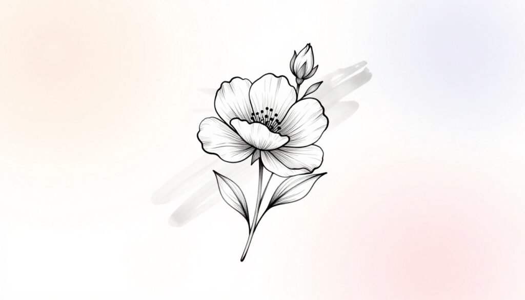 A minimalist floral tattoo design featuring a delicate, single-line rendering of a blooming flower, centered on a clean, white canvas. The flower is depicted in black ink, with subtle variations in line thickness to showcase elegance and simplicity. In the foreground, focus on the intricate details of the petals, highlighting their graceful curves. The middle ground should include soft, abstract brush strokes suggesting shadows to add depth without overwhelming the minimalist aesthetic. The background remains a soft pastel gradient, evoking a calm and serene atmosphere. The lighting is soft and diffused, creating a gentle glow that emphasizes the tattoo’s beauty. The overall mood is tranquil and introspective, capturing the essence of minimalism and the symbolic significance of floral motifs. A minimalist floral tattoo design featuring a delicate, single-line rendering of a blooming flower, centered on a clean, white canvas. The flower is depicted in black ink, with subtle variations in line thickness to showcase elegance and simplicity. In the foreground, focus on the intricate details of the petals, highlighting their graceful curves. The middle ground should include soft, abstract brush strokes suggesting shadows to add depth without overwhelming the minimalist aesthetic. The background remains a soft pastel gradient, evoking a calm and serene atmosphere. The lighting is soft and diffused, creating a gentle glow that emphasizes the tattoo’s beauty. The overall mood is tranquil and introspective, capturing the essence of minimalism and the symbolic significance of floral motifs.