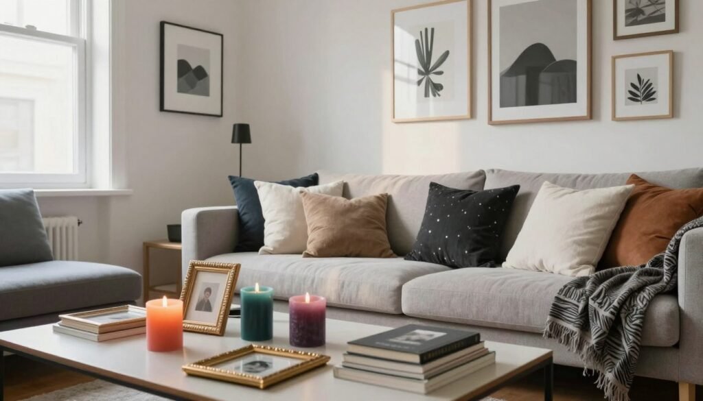 A minimalist interior scene illustrating common personalization mistakes in a mixed aesthetic. In the foreground, a cluttered coffee table with mismatched decorative objects, such as colorful candles, ornate picture frames, and textured books, creating a sense of chaos. In the middle, a stylish sofa adorned with an array of contrasting cushions and throws, some with bold patterns while others are plain, highlighting the clash of styles. The background features a wall with both modern artwork and traditional framed prints, emphasizing an overly eclectic mix. Soft, natural lighting streams through a large window, casting gentle shadows and creating a serene yet disorganized atmosphere. The angle is slightly low, providing depth to the scene while focusing on the juxtaposition of minimalism gone wrong.