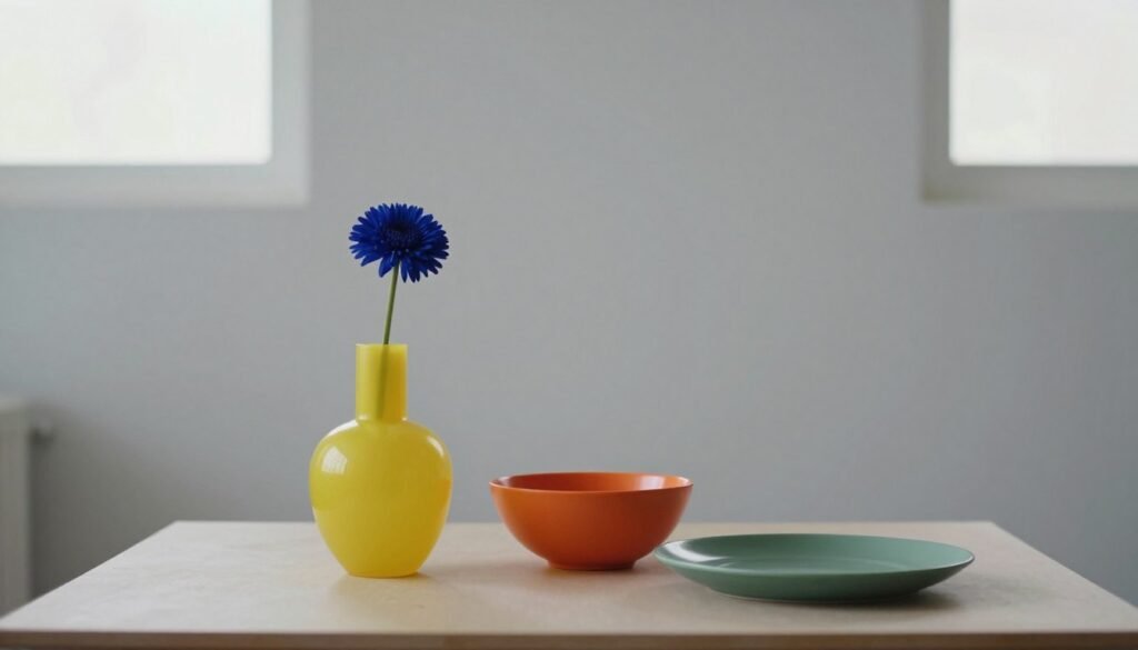 A minimalist interior scene showcasing an arrangement of colorful objects that illustrate common color combination mistakes. In the foreground, a simple table holds three items: a bright yellow vase with a contrasting dark blue flower, an orange bowl, and a muted green plate. The middle ground features a softly textured wall painted in a pale gray, emphasizing the boldness of the foreground colors. In the background, large windows allow natural light to flood the space, creating soft shadows and highlighting the contrasting colors. The atmosphere is calm yet visually striking, with a focus on how clashing colors can detract from a minimalist aesthetic. Shot with a 50mm lens to create a soft depth of field that draws attention to the objects. A minimalist interior scene showcasing an arrangement of colorful objects that illustrate common color combination mistakes. In the foreground, a simple table holds three items: a bright yellow vase with a contrasting dark blue flower, an orange bowl, and a muted green plate. The middle ground features a softly textured wall painted in a pale gray, emphasizing the boldness of the foreground colors. In the background, large windows allow natural light to flood the space, creating soft shadows and highlighting the contrasting colors. The atmosphere is calm yet visually striking, with a focus on how clashing colors can detract from a minimalist aesthetic. Shot with a 50mm lens to create a soft depth of field that draws attention to the objects.