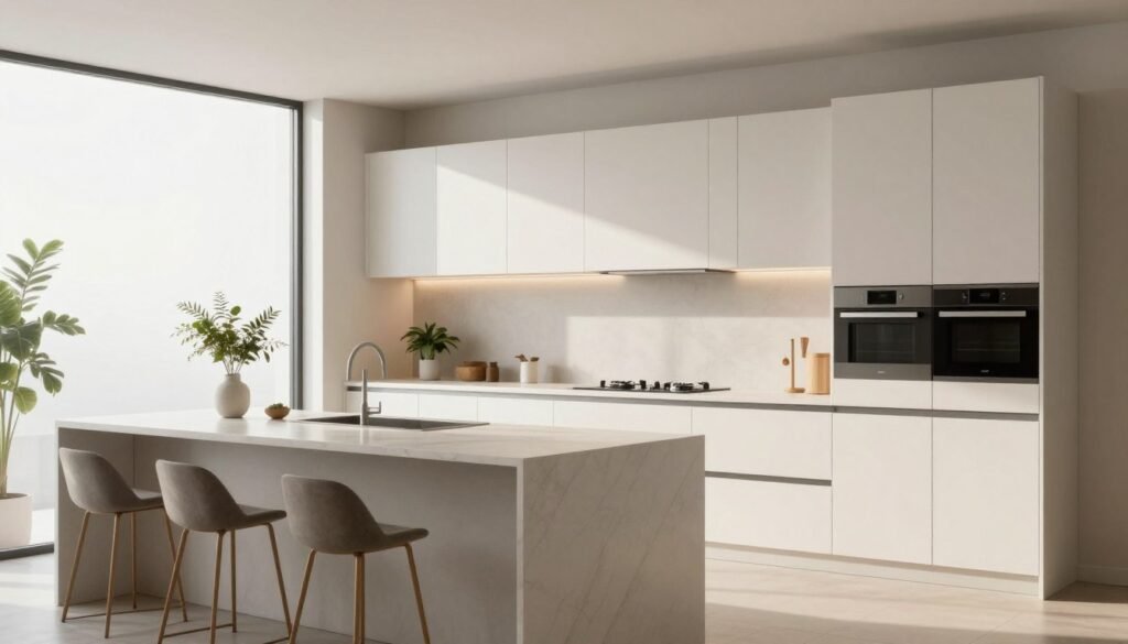 A minimalist kitchen design featuring a sleek layout with neutral tones, accentuated by soft lighting. In the foreground, a streamlined island with a few elegant, modern stools invites interaction. The middle section showcases smooth cabinetry, all in white with subtle wood grain accents, harmonizing with a pale marble countertop. Bright, diffused light streams through large windows, casting gentle shadows and adding warmth to the space. A few green plants on the countertop bring a touch of nature indoors, while stylish, unobtrusive appliances maintain the seamless look. The background reveals an open design with minimalist decor, emphasizing organization and simplicity, evoking a peaceful and inviting atmosphere. The overall feel is contemporary and fresh, embodying a clean and functional aesthetic.