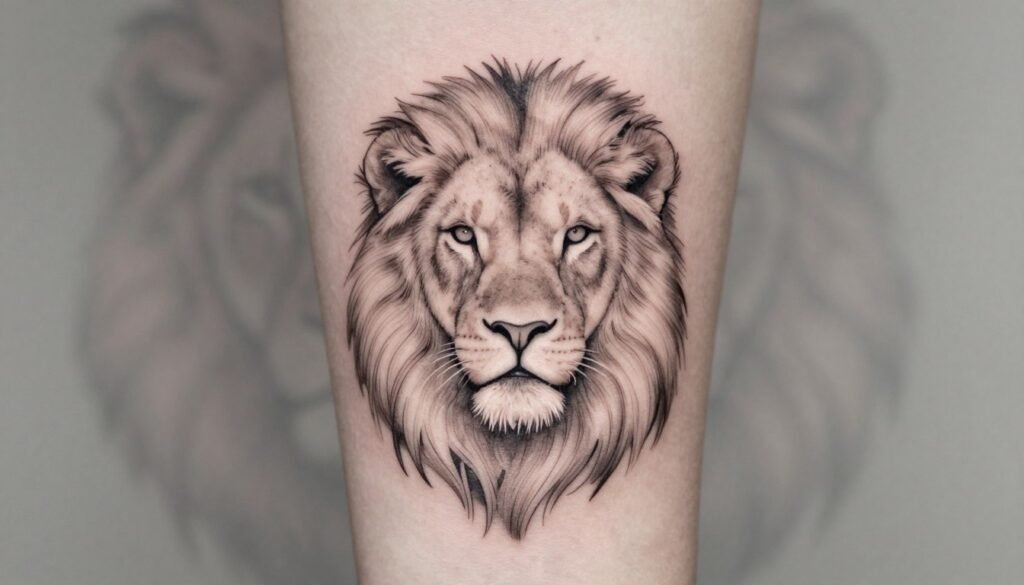 A minimalist lion tattoo design featuring delicate, fine lines. The foreground showcases the intricately detailed lion's face, emphasizing strength and elegance through simple, flowing contours. The middle layer softly blends into a subtle abstract background with muted tones, enhancing the tattoo's artistry without overpowering it. The atmosphere is serene yet powerful, evoking a sense of confidence and grace. The lighting is soft and diffused, casting gentle shadows to highlight the intricacies of the lines. The composition is framed in a way that focuses on the tattoo’s details, providing a balanced and harmonious view. No text, markings, or other distractions are present, ensuring a clean and professional representation of minimalist tattoo art. A minimalist lion tattoo design featuring delicate, fine lines. The foreground showcases the intricately detailed lion's face, emphasizing strength and elegance through simple, flowing contours. The middle layer softly blends into a subtle abstract background with muted tones, enhancing the tattoo's artistry without overpowering it. The atmosphere is serene yet powerful, evoking a sense of confidence and grace. The lighting is soft and diffused, casting gentle shadows to highlight the intricacies of the lines. The composition is framed in a way that focuses on the tattoo’s details, providing a balanced and harmonious view. No text, markings, or other distractions are present, ensuring a clean and professional representation of minimalist tattoo art.
