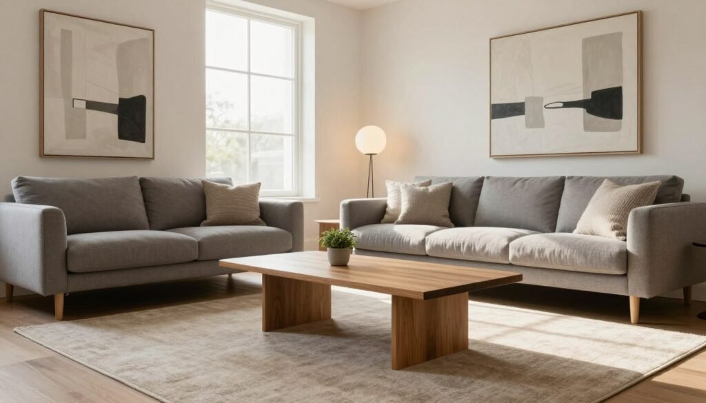 A minimalist living room, featuring a stylish gray sofa adorned with textured throw pillows, a sleek wooden coffee table with a small potted plant, and a large abstract painting on the wall. The foreground showcases a plush, neutral-toned area rug that defines the space. In the middle, a light-filled window allows natural sunlight to illuminate the room, creating warm highlights. The background includes soft, pale-colored walls and a simple floor lamp with a soft white bulb, enhancing the cozy atmosphere. Utilize a wide-angle lens perspective, capturing the harmonious layout from a slightly elevated angle, ensuring a clean and serene vibe that embodies minimalism. The scene conveys tranquility and sophistication, ideal for showcasing understated elegance. A minimalist living room, featuring a stylish gray sofa adorned with textured throw pillows, a sleek wooden coffee table with a small potted plant, and a large abstract painting on the wall. The foreground showcases a plush, neutral-toned area rug that defines the space. In the middle, a light-filled window allows natural sunlight to illuminate the room, creating warm highlights. The background includes soft, pale-colored walls and a simple floor lamp with a soft white bulb, enhancing the cozy atmosphere. Utilize a wide-angle lens perspective, capturing the harmonious layout from a slightly elevated angle, ensuring a clean and serene vibe that embodies minimalism. The scene conveys tranquility and sophistication, ideal for showcasing understated elegance.