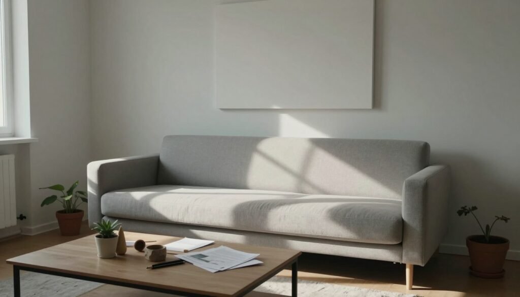 A minimalist living room scene, showcasing the common pitfalls of minimalism. In the foreground, a cluttered coffee table with a few decorative items and random papers, symbolizing excess. In the middle, a sleek, modern sofa with stark, harsh lighting casting strong shadows, illustrating discomfort. A potted plant wilting slightly on the floor adds to the feeling of neglect. The background features a painted wall with a single piece of art that appears too large for the space, creating visual imbalance. The atmosphere is contemplative with a hint of irony, highlighting the struggle of achieving true minimalism. Use soft, natural lighting coming from a nearby window, shot from a slightly elevated angle to capture the entire room, aiming for a cozy yet chaotic vibe.
