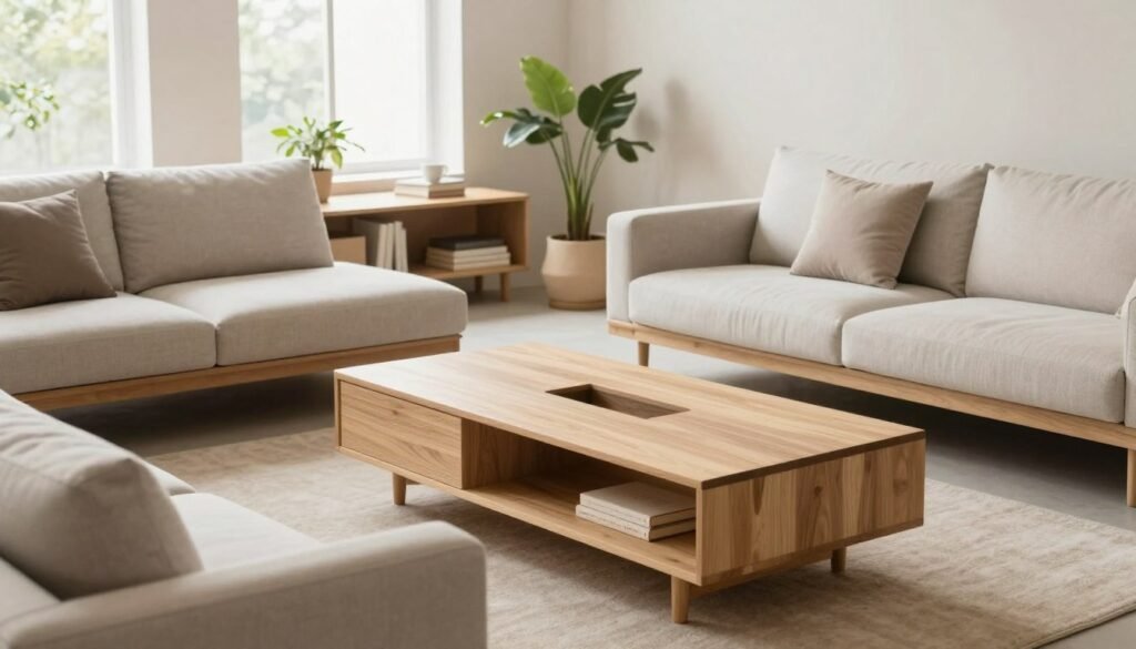 A minimalist living room showcasing functional furniture selection. In the foreground, a sleek, low-profile sofa with neutral tones and geometric cushions invites comfort. A stylish, multifunctional coffee table sits in the center, made of light wood with hidden storage compartments. In the middle ground, a minimalist shelving unit displays decorative plants and books, emphasizing simplicity and organization. The background features large windows allowing natural light to fill the room, highlighting textured walls in soft pastels that enhance the calm atmosphere. The overall mood is serene and inviting, perfect for modern living. Capture the scene from a slightly elevated angle using a soft focus lens, creating a warm, cozy ambiance without any distractions or text. A minimalist living room showcasing functional furniture selection. In the foreground, a sleek, low-profile sofa with neutral tones and geometric cushions invites comfort. A stylish, multifunctional coffee table sits in the center, made of light wood with hidden storage compartments. In the middle ground, a minimalist shelving unit displays decorative plants and books, emphasizing simplicity and organization. The background features large windows allowing natural light to fill the room, highlighting textured walls in soft pastels that enhance the calm atmosphere. The overall mood is serene and inviting, perfect for modern living. Capture the scene from a slightly elevated angle using a soft focus lens, creating a warm, cozy ambiance without any distractions or text.