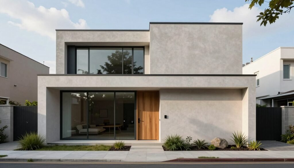 A minimalist modern house featuring sleek, neutral-toned facades in a sophisticated urban environment. In the foreground, showcase a clean, symmetrical entrance with large glass panels and a simple wooden door. In the middle ground, highlight the textured walls rendered in soft greys and whites, with minimalist landscaping that includes low-maintenance greenery and stones. In the background, include a hint of the surrounding cityscape, framed by a blue sky and gentle clouds. Use soft, natural lighting to create a warm and inviting atmosphere, ensuring the focus remains on the simplicity and functionality of the architecture. Capture the scene using a slightly elevated angle to emphasize the house’s elegant lines and open spaces.