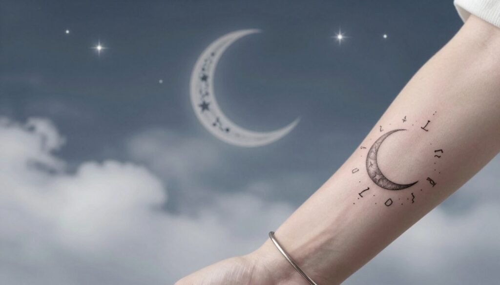 A minimalist tattoo design featuring a crescent moon surrounded by delicate astrological symbols, capturing the essence of pop culture influences. In the foreground, a beautifully inked arm showcases the tattoo, inked in subtle black and gray tones. The arm is lightly adorned with a simple bracelet. The middle ground contains soft, dreamy clouds and faint stars, enhancing the celestial theme. In the background, a blurred night sky with a sprinkle of twinkling stars offers a serene atmosphere. The lighting is soft and ethereal, evoking a sense of wonder and mystique. The composition should feel harmonious and modern, reflecting the blend of astrology and contemporary tattoo culture. The image should maintain a professional aesthetic with no text or distractions. A minimalist tattoo design featuring a crescent moon surrounded by delicate astrological symbols, capturing the essence of pop culture influences. In the foreground, a beautifully inked arm showcases the tattoo, inked in subtle black and gray tones. The arm is lightly adorned with a simple bracelet. The middle ground contains soft, dreamy clouds and faint stars, enhancing the celestial theme. In the background, a blurred night sky with a sprinkle of twinkling stars offers a serene atmosphere. The lighting is soft and ethereal, evoking a sense of wonder and mystique. The composition should feel harmonious and modern, reflecting the blend of astrology and contemporary tattoo culture. The image should maintain a professional aesthetic with no text or distractions.