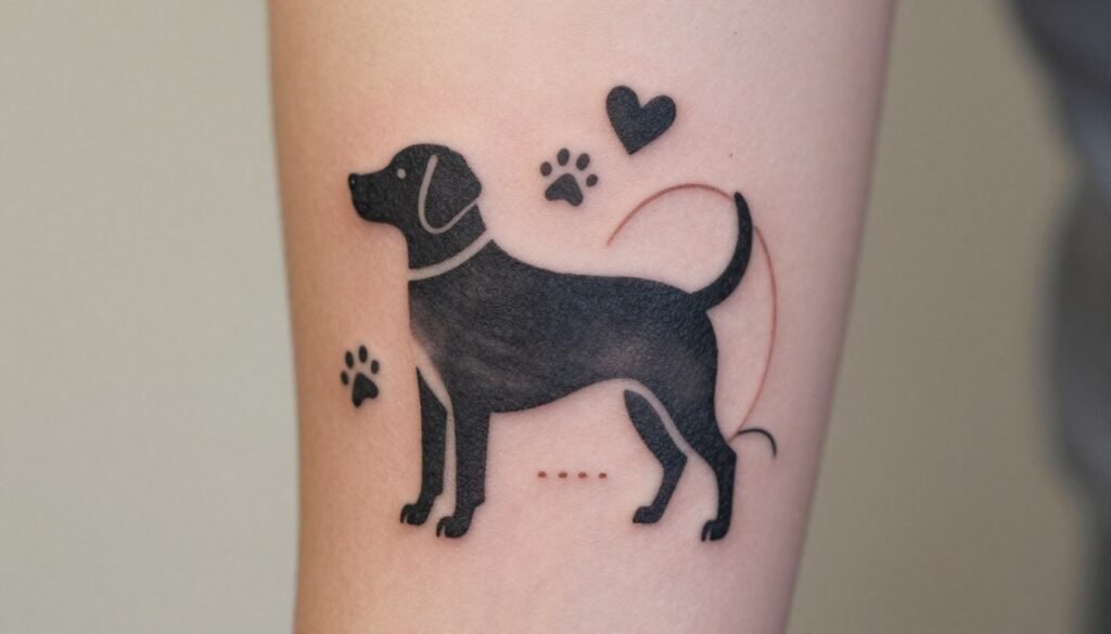 A minimalist tattoo design featuring a stylized dog silhouette in black ink, gracefully integrated with abstract geometric shapes. The foreground showcases the sleek outline of the dog, capturing its playful essence through simple curves and lines, standing against a soft, neutral background that enhances the tattoo's elegance. The middle layer includes subtle artistic embellishments, like minimal paw prints or hearts, conveying affection. Soft, natural lighting highlights the tattoo's contours, emphasizing its clean, modern aesthetic. The composition is viewed from a slightly angled perspective, adding depth while maintaining an intimate feel. The overall atmosphere is one of warmth and love, perfect for celebrating the bond between humans and their canine companions.