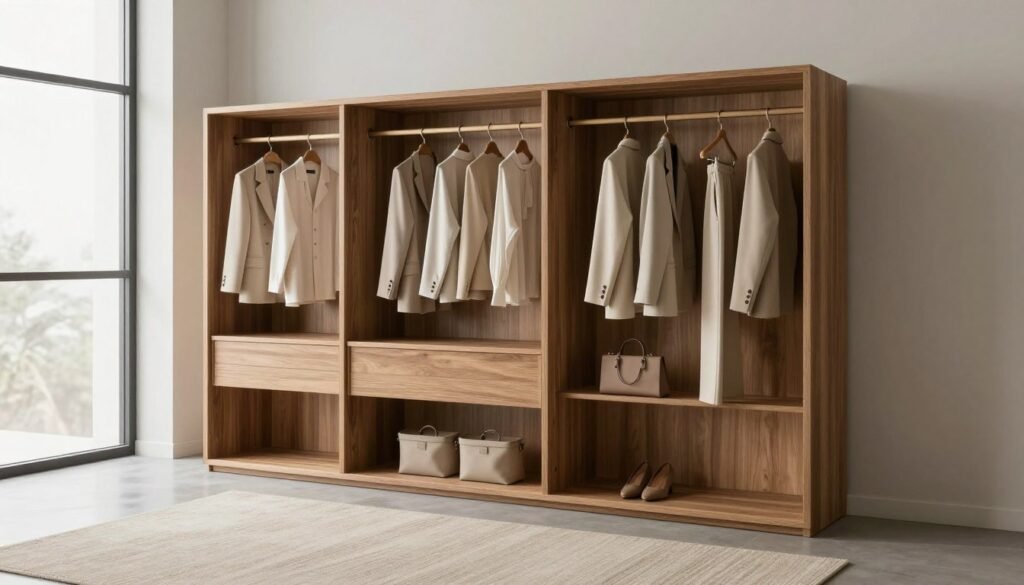 A minimalist wardrobe is showcased in a softly lit, modern setting. In the foreground, a sleek, open wooden wardrobe displays an elegant arrangement of neutral-colored outfits, including tailored jackets, simple blouses, and versatile trousers, all neatly hung with matching accessories. The middle ground features a chic, neutral-toned area rug, providing warmth to the scene. In the background, a large window allows natural light to flood in, casting soft shadows and highlighting the clean lines of the minimalist design. The overall mood is serene and sophisticated, evoking a sense of timeless elegance in fashion. Use a wide-angle perspective that captures the entire wardrobe and its surroundings, emphasizing simplicity and harmony in minimalist style.