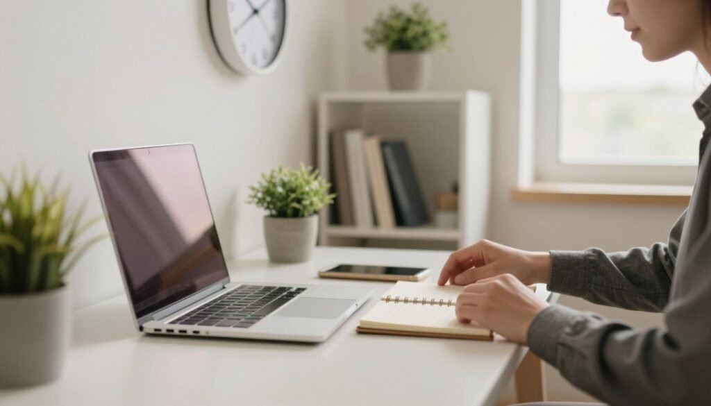 A minimalist workspace that embodies effective time and space management, featuring a clean desk with a sleek laptop, a planner, and a few strategically placed indoor plants. In the foreground, a pair of hands gently arranging items on the desk, dressed in smart-casual attire. The middle ground reveals a simple wall clock and an organized bookshelf showcasing a few essential books. In the background, a serene window providing natural light, illuminating the space with a warm glow. The overall atmosphere is calm and focused, promoting productivity and mindfulness. Use a shallow depth of field to emphasize the hands and the desk while softly blurring the background. The lighting should be soft and inviting, creating a harmonious and inspiring environment. A minimalist workspace that embodies effective time and space management, featuring a clean desk with a sleek laptop, a planner, and a few strategically placed indoor plants. In the foreground, a pair of hands gently arranging items on the desk, dressed in smart-casual attire. The middle ground reveals a simple wall clock and an organized bookshelf showcasing a few essential books. In the background, a serene window providing natural light, illuminating the space with a warm glow. The overall atmosphere is calm and focused, promoting productivity and mindfulness. Use a shallow depth of field to emphasize the hands and the desk while softly blurring the background. The lighting should be soft and inviting, creating a harmonious and inspiring environment.