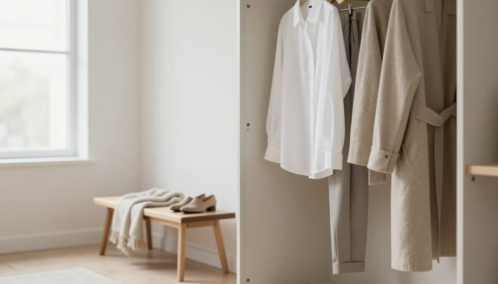 A minimalistic capsule wardrobe displayed in a bright, airy room. In the foreground, a sleek, modern wardrobe with sliding doors slightly ajar, revealing neatly arranged clothing in neutral tones like beige, white, and soft grey. A few versatile pieces hang visibly, including a classic white shirt, tailored trousers, and a stylish coat. In the middle ground, a small, elegant wooden bench with a cozy throw and a pair of stylish shoes placed neatly beside it. The background showcases a simple, light-colored wall with a large window allowing soft, natural light to flood the space, creating a serene atmosphere that evokes a sense of calm and order. The scene should be captured with a soft focus, highlighting the textures of the fabrics while maintaining a clean, minimalist aesthetic. A minimalistic capsule wardrobe displayed in a bright, airy room. In the foreground, a sleek, modern wardrobe with sliding doors slightly ajar, revealing neatly arranged clothing in neutral tones like beige, white, and soft grey. A few versatile pieces hang visibly, including a classic white shirt, tailored trousers, and a stylish coat. In the middle ground, a small, elegant wooden bench with a cozy throw and a pair of stylish shoes placed neatly beside it. The background showcases a simple, light-colored wall with a large window allowing soft, natural light to flood the space, creating a serene atmosphere that evokes a sense of calm and order. The scene should be captured with a soft focus, highlighting the textures of the fabrics while maintaining a clean, minimalist aesthetic.