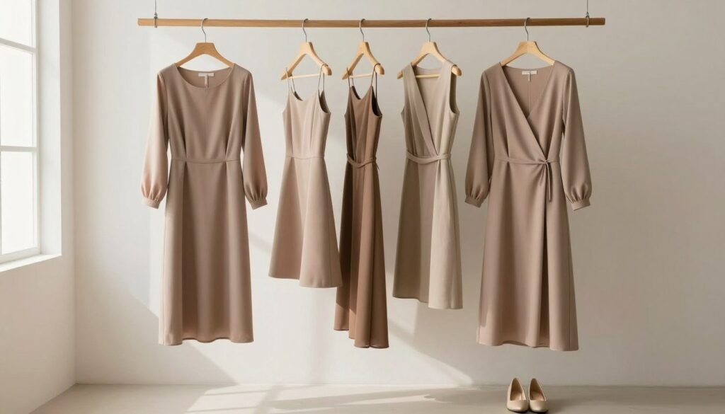 A minimalistic chic dress collection displayed elegantly on a custom-made wooden hanger against a soft, neutral-toned wall. In the foreground, a stylish model wears a simple yet elegant long-sleeve dress in earth tones, paired with delicate accessories and minimalistic shoes, embodying effortless sophistication. In the middle, a few additional dresses hang gracefully, showcasing different cuts and styles, including an A-line and a wrap dress, symbolizing timeless fashion versatility. The background features a bright window allowing soft, natural light to illuminate the scene, casting gentle shadows that enhance the serene and refined atmosphere. The overall mood should evoke a sense of calm elegance, perfect for a stylish yet minimalist aesthetic.