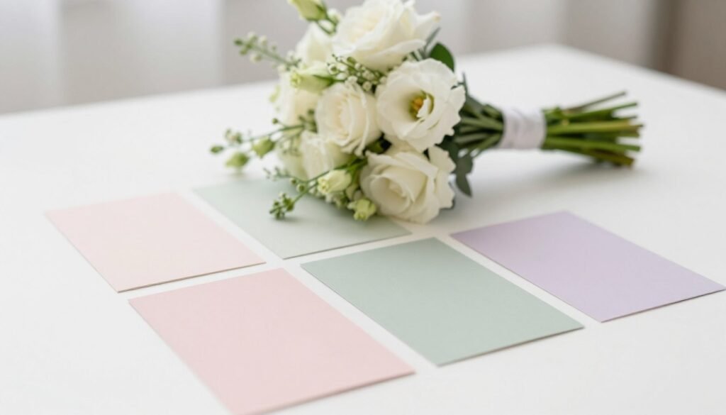 A minimalistic color palette featuring soft pastel tones, arranged in elegant swatches, reflecting the essence of a minimalist wedding. In the foreground, display a smooth white surface showcasing delicate hues of blush pink, muted sage green, and pale lavender, spread out in a harmonious composition. In the middle, include a carefully arranged bouquet of simple, elegant flowers harmonizing with the color swatches, emphasizing simplicity and sophistication. The background should be softly blurred, creating an airy atmosphere that enhances the colors without distraction. Use soft, diffused lighting to evoke a serene and romantic mood, capturing the essence of minimalism in wedding aesthetics.
