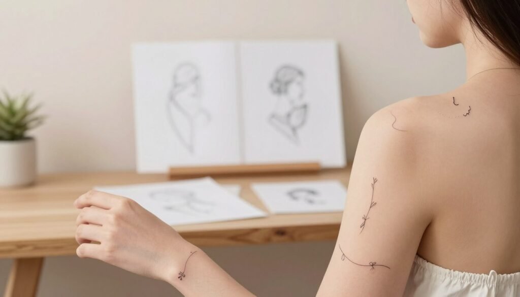 A minimalistic design showcasing various body locations for tattoos, emphasizing delicate and timeless feminine styles. In the foreground, feature discreet tattoo placements on a wrist, ankle, and shoulder, designed in thin, elegant lines. The middle ground illustrates a serene, softly lit studio environment, with a focus on a beautifully arranged selection of minimalist tattoo sketches displayed on a wooden table. The background features soft pastel colors, evoking a calm and artistic atmosphere. Utilize natural lighting to enhance the subtle textures of the skin and tattoos. The overall mood should be inspiring and gentle, ideal for those considering minimalistic tattoo placements. A minimalistic design showcasing various body locations for tattoos, emphasizing delicate and timeless feminine styles. In the foreground, feature discreet tattoo placements on a wrist, ankle, and shoulder, designed in thin, elegant lines. The middle ground illustrates a serene, softly lit studio environment, with a focus on a beautifully arranged selection of minimalist tattoo sketches displayed on a wooden table. The background features soft pastel colors, evoking a calm and artistic atmosphere. Utilize natural lighting to enhance the subtle textures of the skin and tattoos. The overall mood should be inspiring and gentle, ideal for those considering minimalistic tattoo placements.