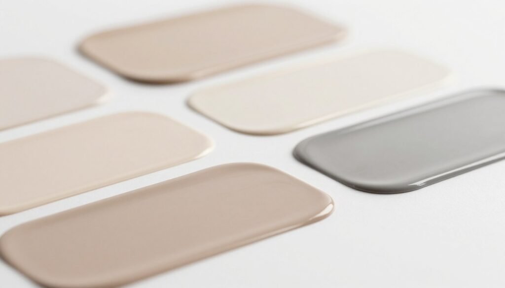 A minimalistic palette of neutral colors, showcasing soft beige, warm taupe, and delicate gray tones, arranged elegantly on a clean, white background. The foreground features smooth, glossy swatches of color, each distinct yet harmoniously blending into its neighbors. In the middle ground, a subtle gradient adds depth, enhancing the sense of calm and sophistication. The background remains softly blurred, ensuring the focus is on the color palette. The lighting is soft and diffused, mimicking natural sunlight to create a warm atmosphere. The overall mood conveys a sense of tranquility and refined elegance, perfectly capturing the essence of minimalist fashion trends and innovations.